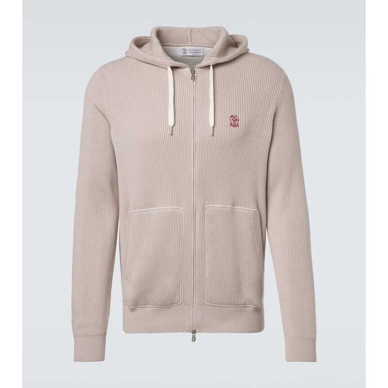 Brunello Cucinelli Logo ribbed-knit cotton zip-up hoodie