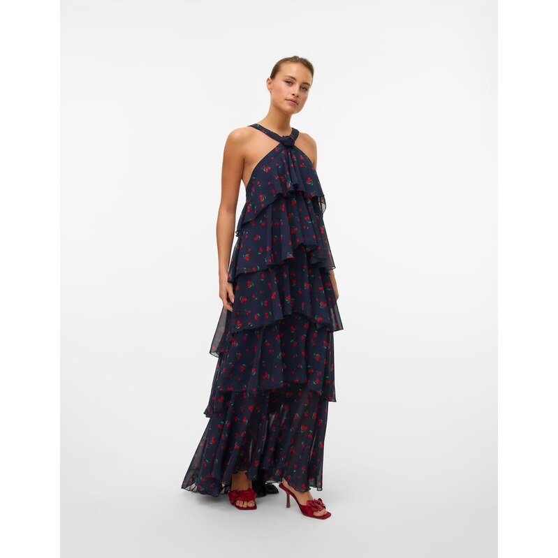 Vero Moda tiered maxi dress in navy with cherry print 115522007