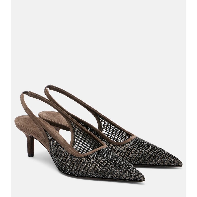 Brunello Cucinelli Monili 55 suede-trimmed slingback pumps