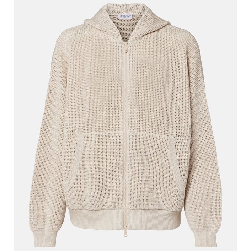 Brunello Cucinelli Open-knit cotton-blend lamÃ zip-up hoodie