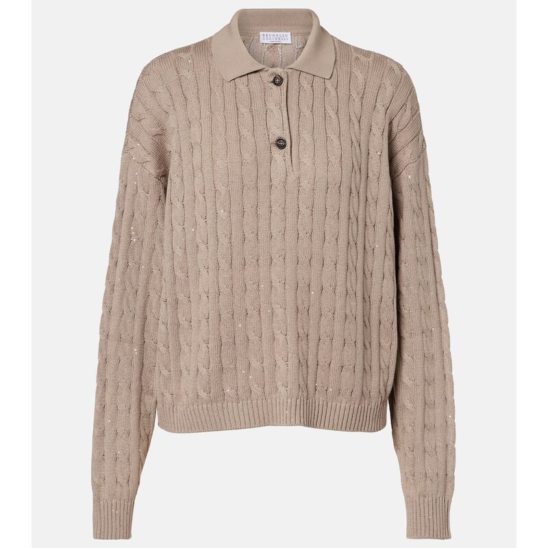 Brunello Cucinelli Cable-knit cotton-blend polo sweater