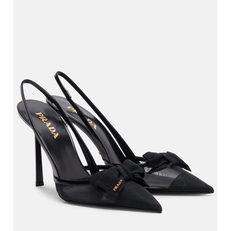 Prada 100 leather-trimmed mesh slingback pumps