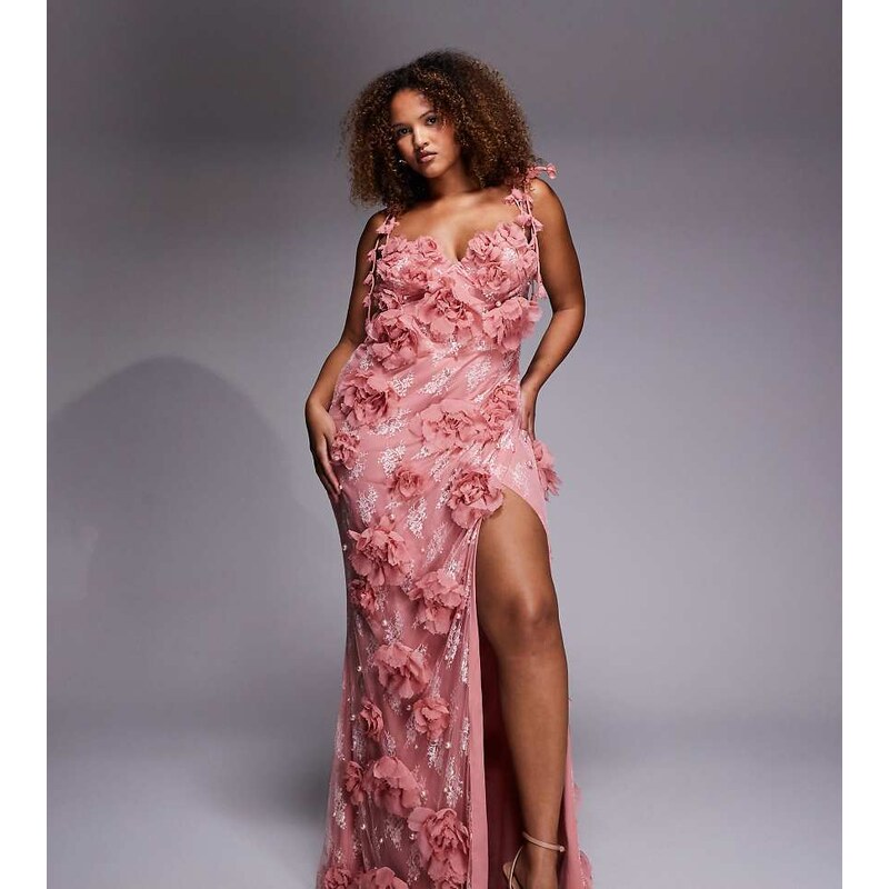 ASOS LUXE Curve 3D floral embellished lace maxi dress in dusky pink 100643728