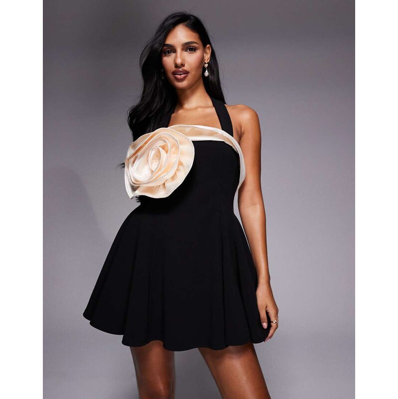 ASOS LUXE halterneck mini dress with contrast corsage detail in black 113297204