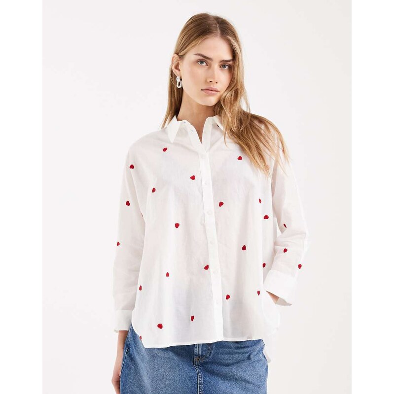 ONLY boxy shirt with heart embroidery in white