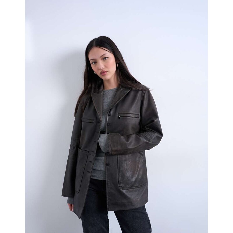 Topshop premium real leather blazer with patch pockets in washed black 113306157