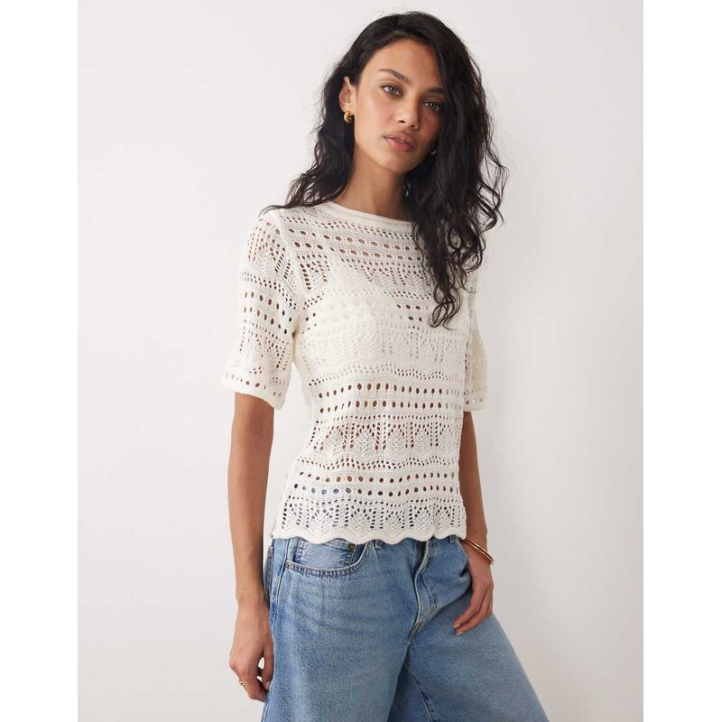 JDY crochet open knit half sleeve top in cream-White 115518430