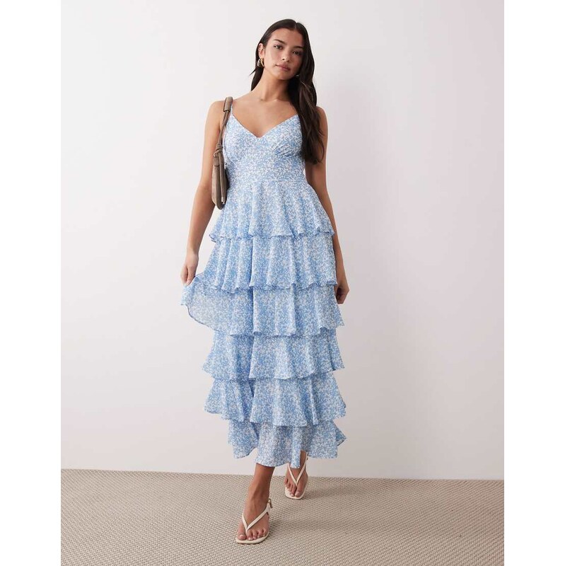 Pretty Lavish ruffle midi dress in blue abstract print 113297254
