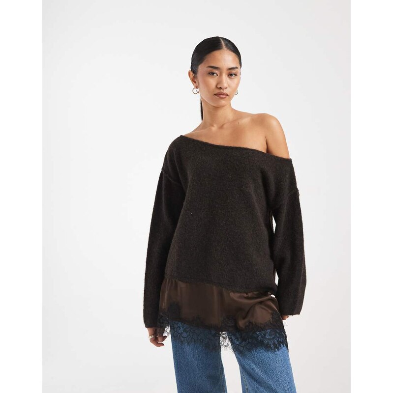 Miss Selfridge fluffy asym jumper with contrast satin lace hem in 113306246