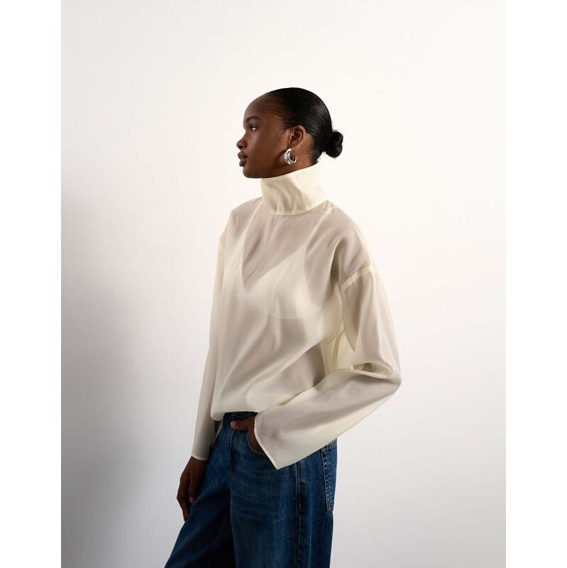 Topshop funnel neck long sleeve organza top in champagne-Neutral