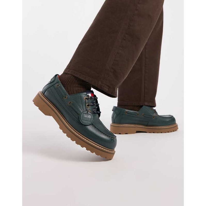 Tommy Jeans archive real leather boat shoes in green