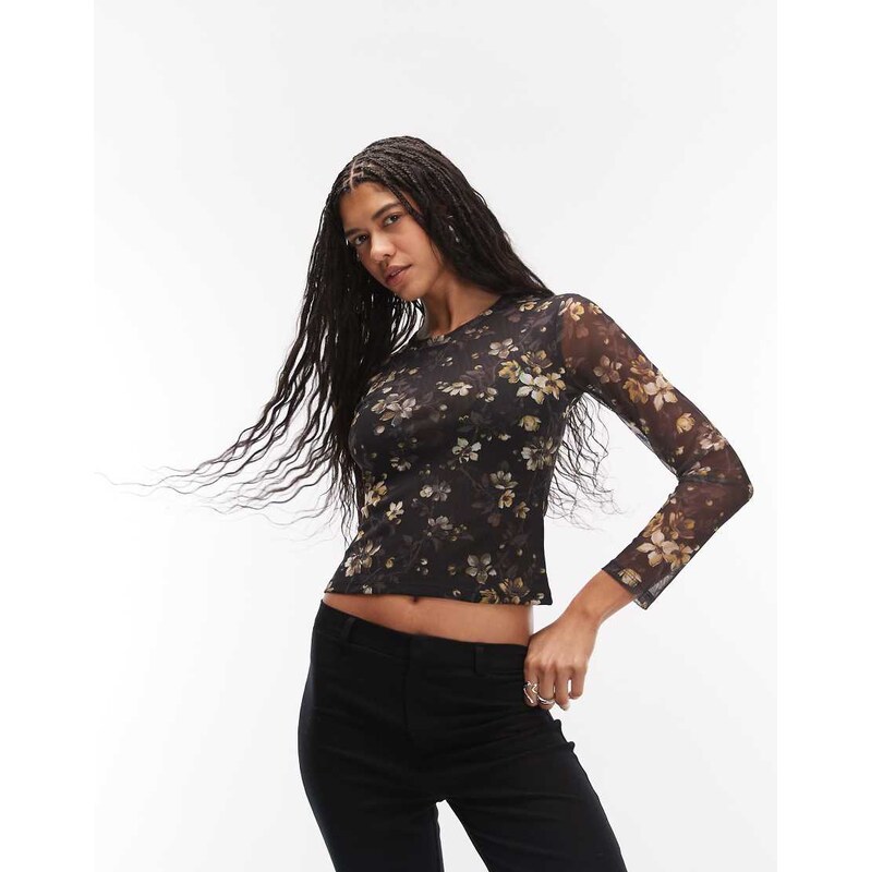 AllSaints ellie mesh long sleeve floral top in black 113297304