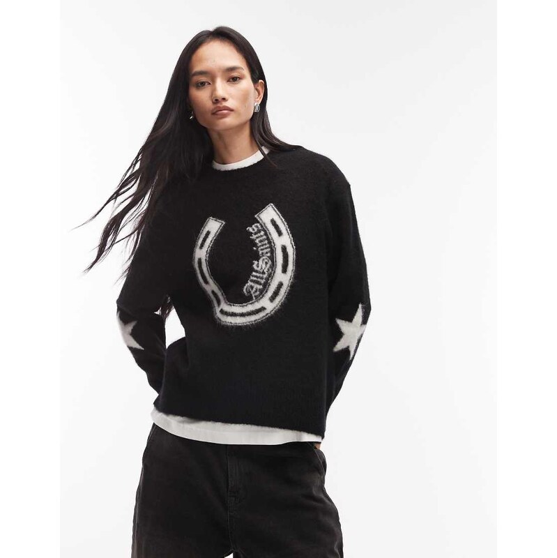 AllSaints kismet horseshoe graphic crewneck jumper in black and