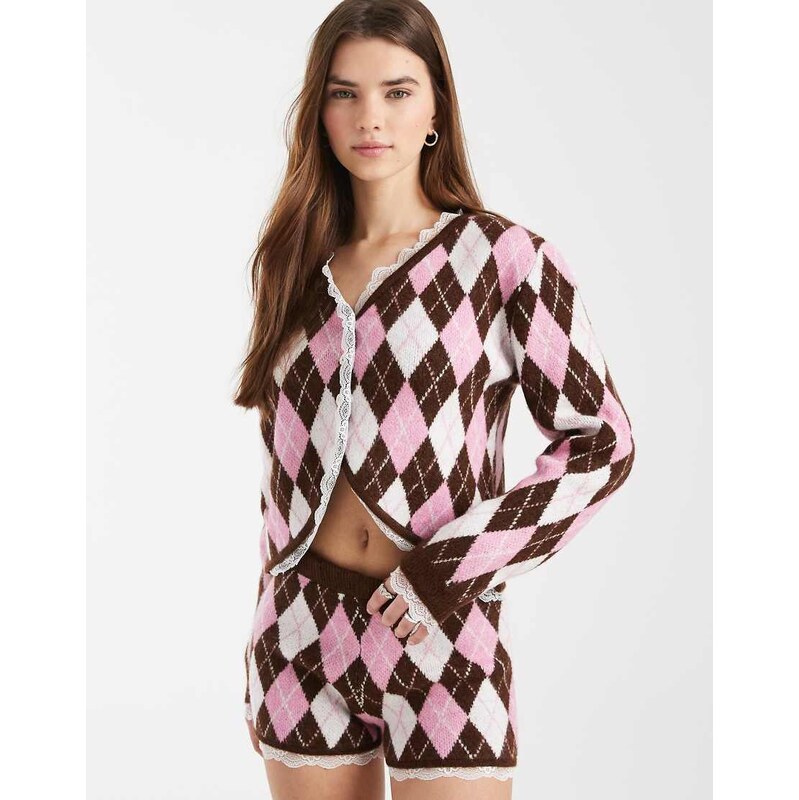 Miss Selfridge argyle cardigan with lace trim co-ord-Multi