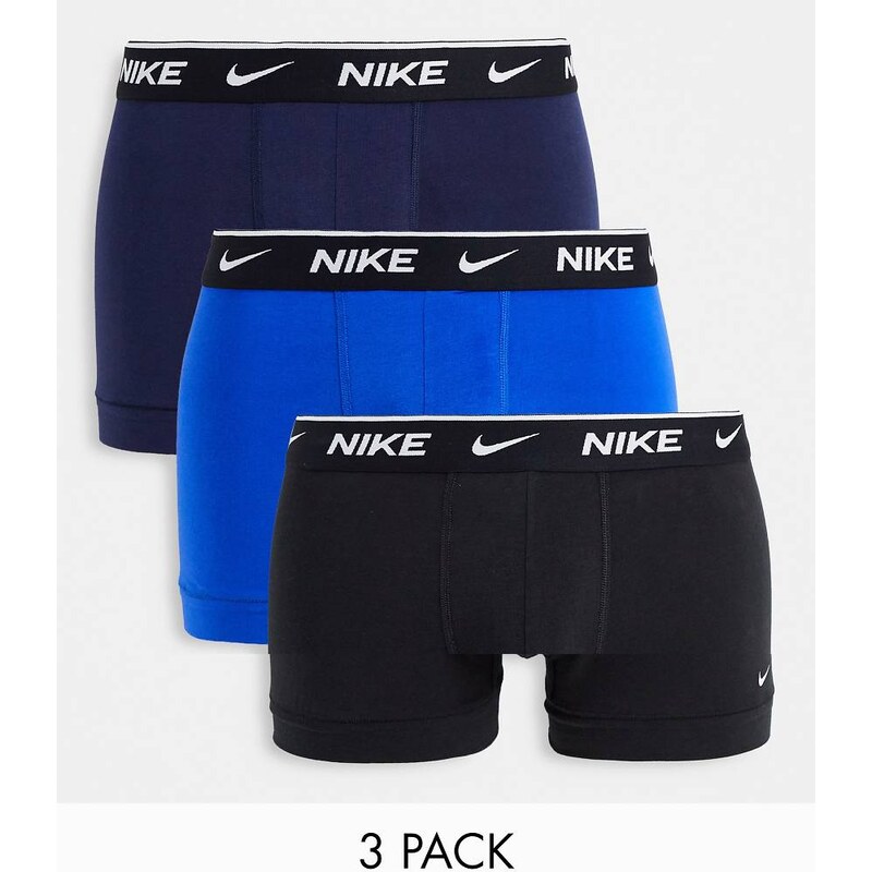 Nike Essential Cotton stretch 3 pack trunks in black/navy/blue