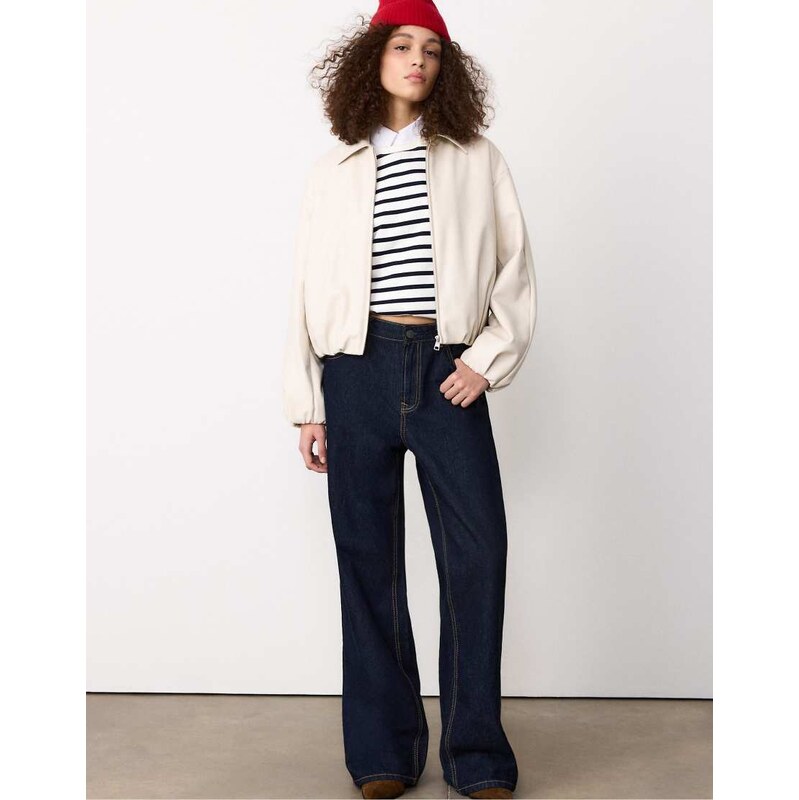 Stradivarius Faux leather quilted bomber jacket in ecru-White
