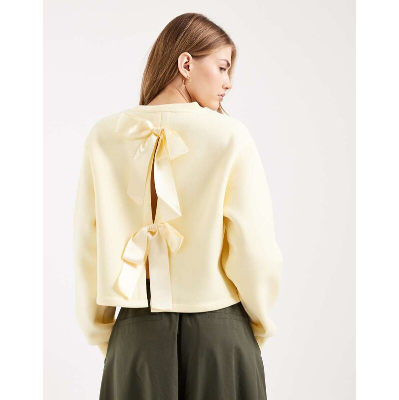 Miss Selfridge sweatshirt with back bow detail in butter yellow 113297351