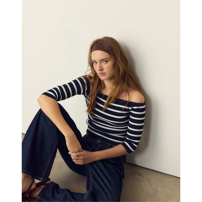 Stradivarius Fitted striped knit jumper in dark blue-Navy 113297394