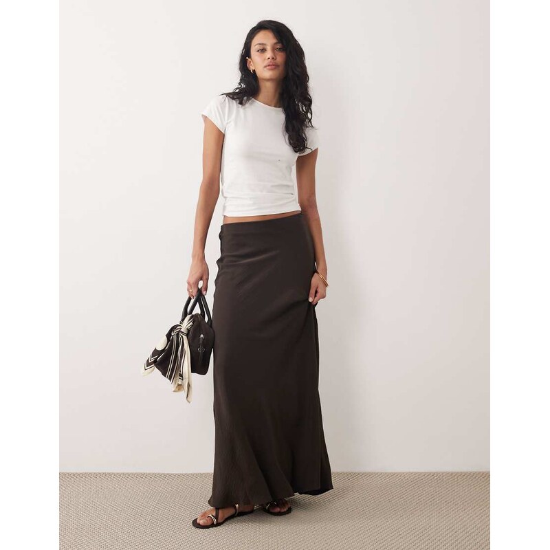 JDY a-line satin maxi skirt in chocolate-Brown