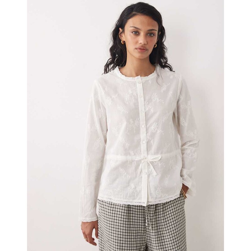 JDY tie waist shirt with floral embroidery in white