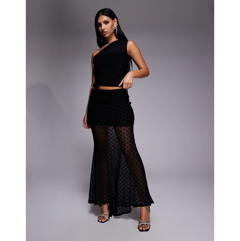 ASOS DESIGN flocked fishtail maxi skirt in black spot-Multi