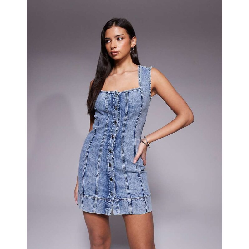 Good American button front mini denim dress in light wash blue 113623545