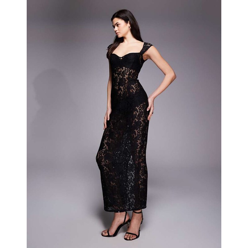 Oh Polly lace sweetheart neck cap sleeve mesh maxi dress in