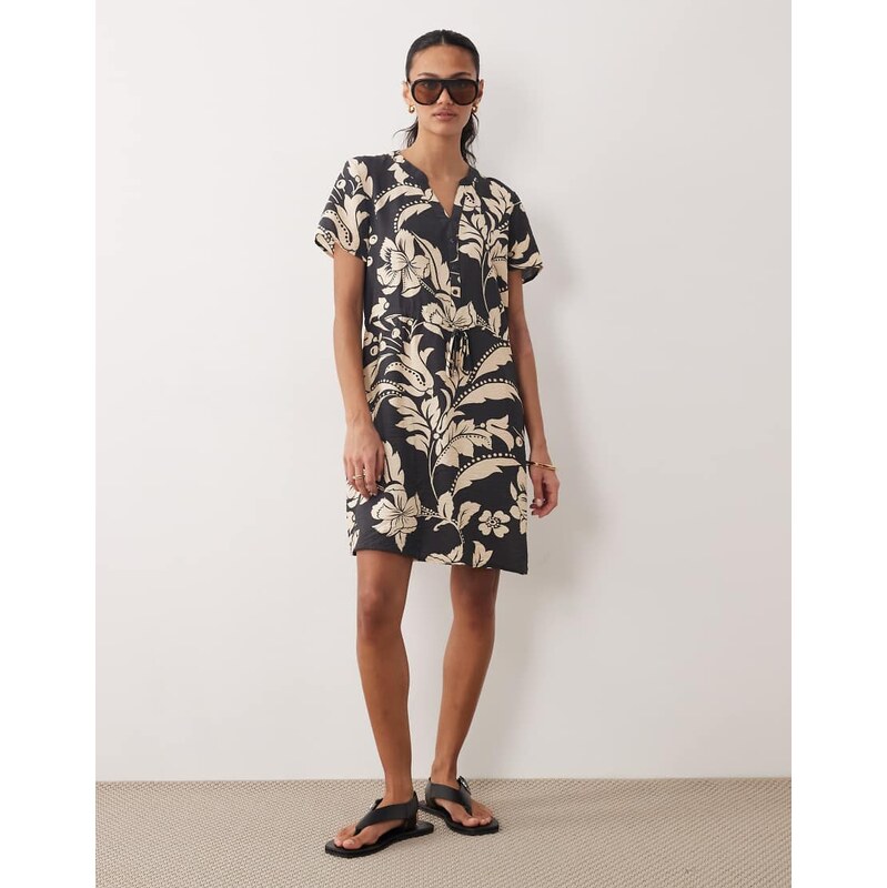 JDY v neck tie waist mini dress in black with cream floral print