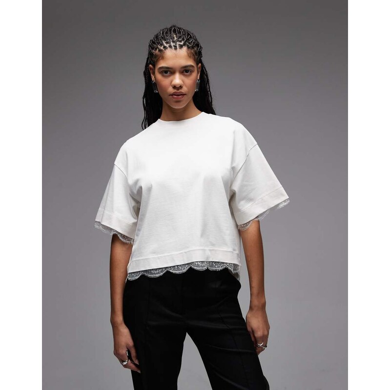AllSaints nia lace trim crop t-shirt in white 113306284