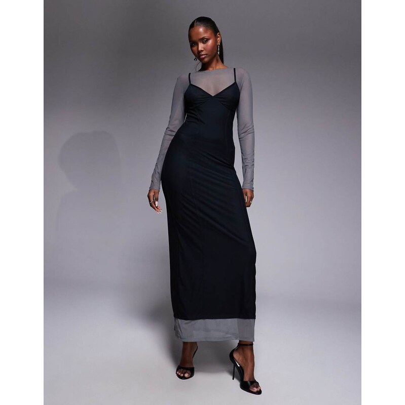 ASOS DESIGN mesh double layer corset maxi dress with seaming