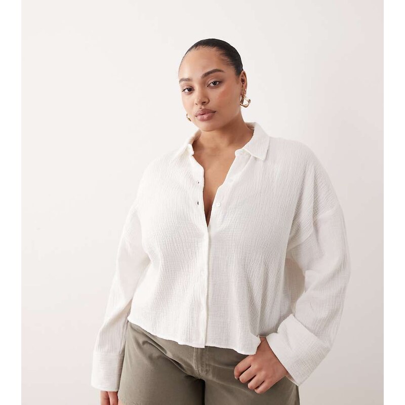 ASOS Curve ASOS DESIGN Curve cropped textured cotton shirt in ivory 115516904