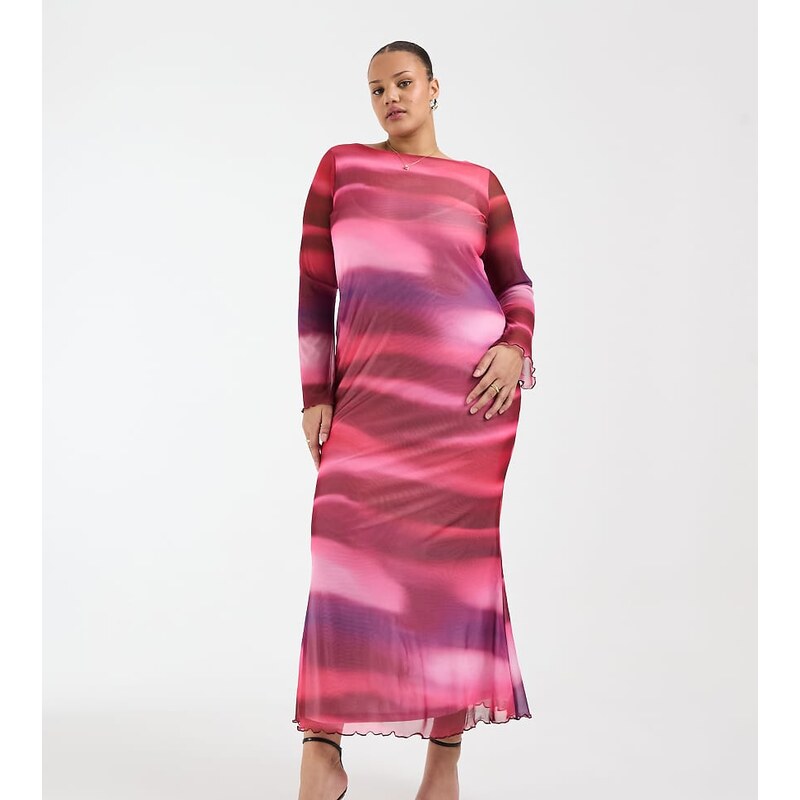 Vero Moda Curve long sleeve mesh maxi dress in pink abstract