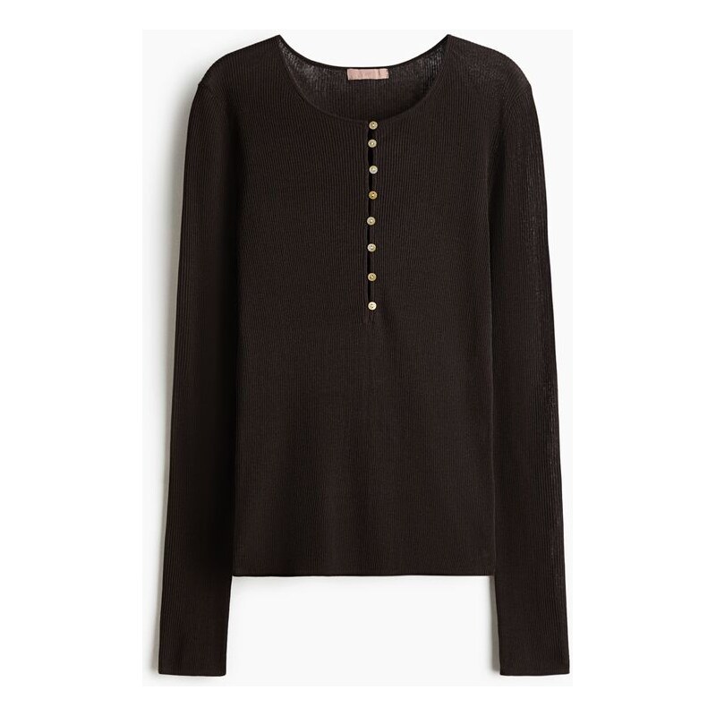 H&M - Žebrovaný top henley - Tmavě Hnědá