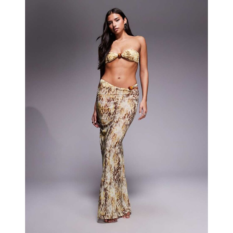 South Beach abstract print mesh maxi beach skirt in green multi