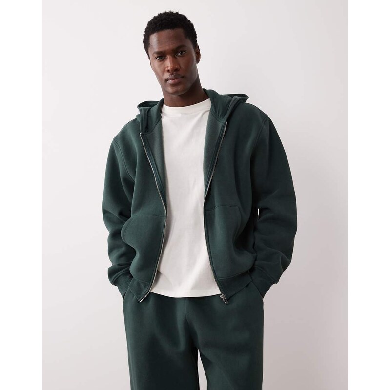 ASOS DESIGN boxy washed zip through hoodie in green