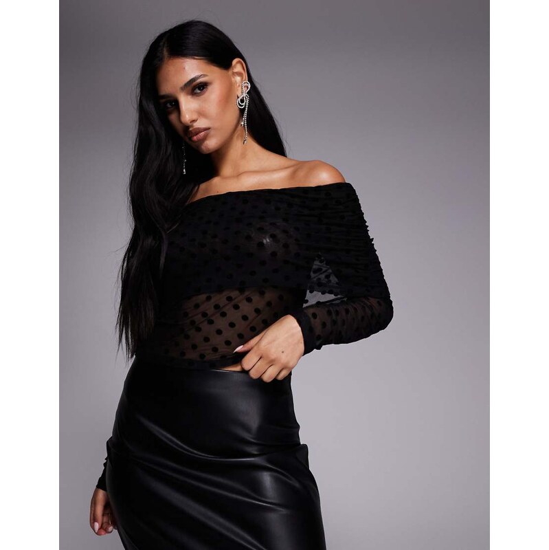 ASOS DESIGN flocked bardot long sleeve top in black polka dot