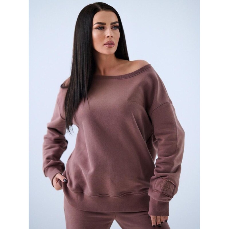 Dámská oversize mikina bez kapuce, hnědá, Natural Side, vyšívané