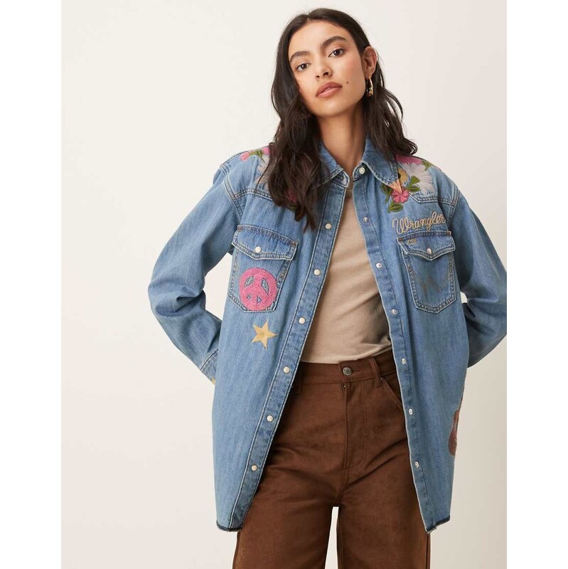 Wrangler x Lainey Wilson oversized embroidered denim shirt in blue 113320758