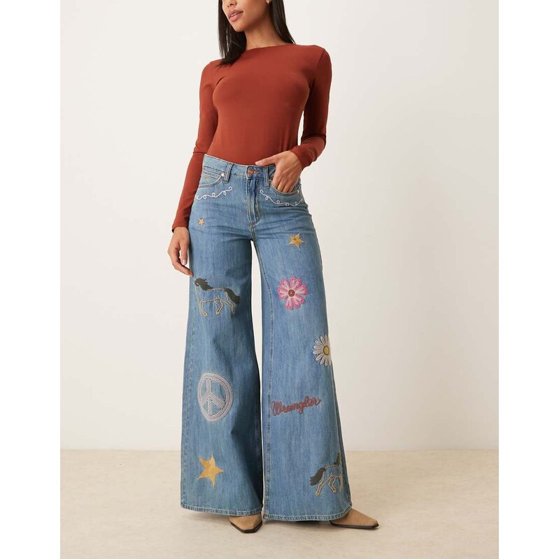 Wrangler x Lainey Wilson embroidered wide leg jeans in blue