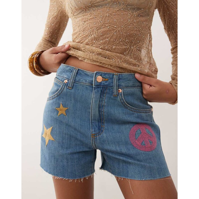 Wrangler x Lainey Wilson embroidered denim shorts in blue