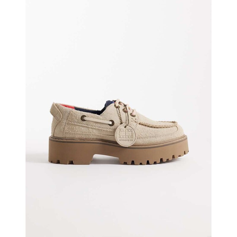 Tommy Jeans archive real suede boat shoes in clay-White