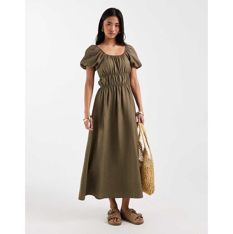 New Look milkmaid midi dress in khaki-Green