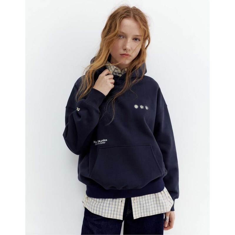 Pull&Bear Hoodie with embroidered graphic in ink blue 113338990