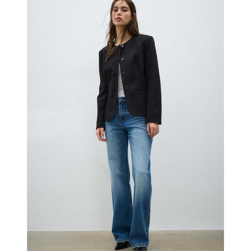 Stradivarius Collarless blazer in black 113327551