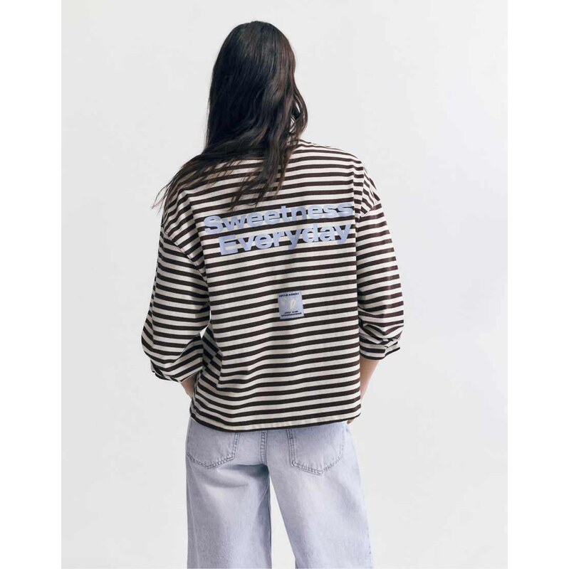 Pull&Bear Striped t-shirt with rib and slogan in brown-Multi 113339006