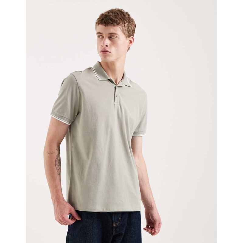 New Look tipped pique polo t-shirt in sage green