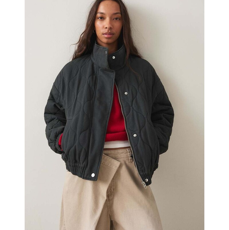 Bershka Cable-knit embroidered jacket in grey-Neutral