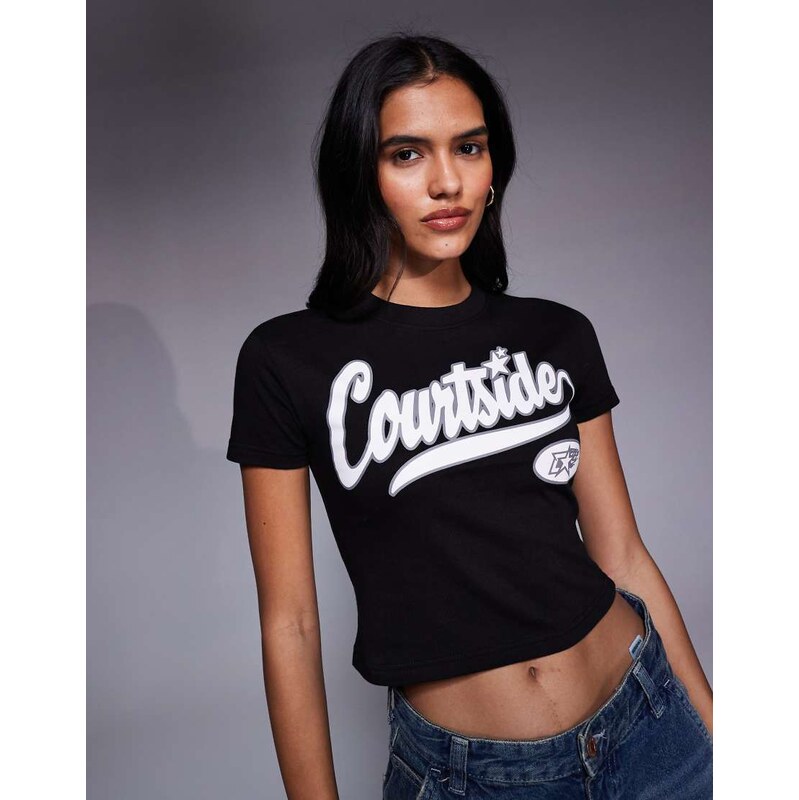 Courtside cropped baby t-shirt in washed black with collegiate logo 113327438