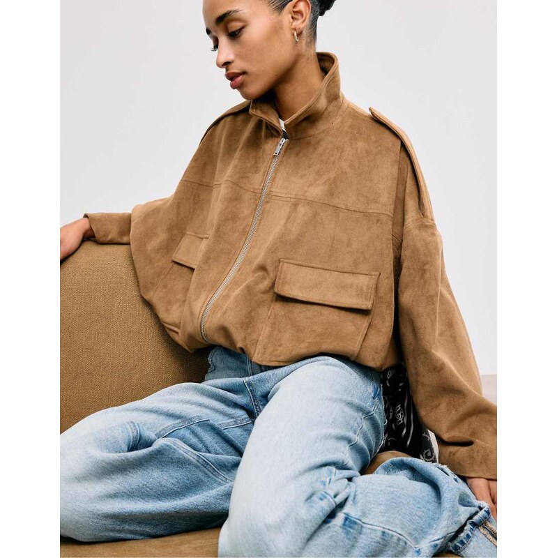 Stradivarius Faux suede bomber jacket in stone-White