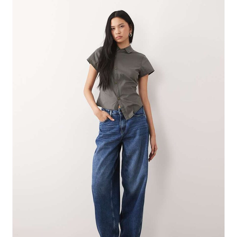JDY Tall Susie mid waist barrel leg jean in mid blue 115518402